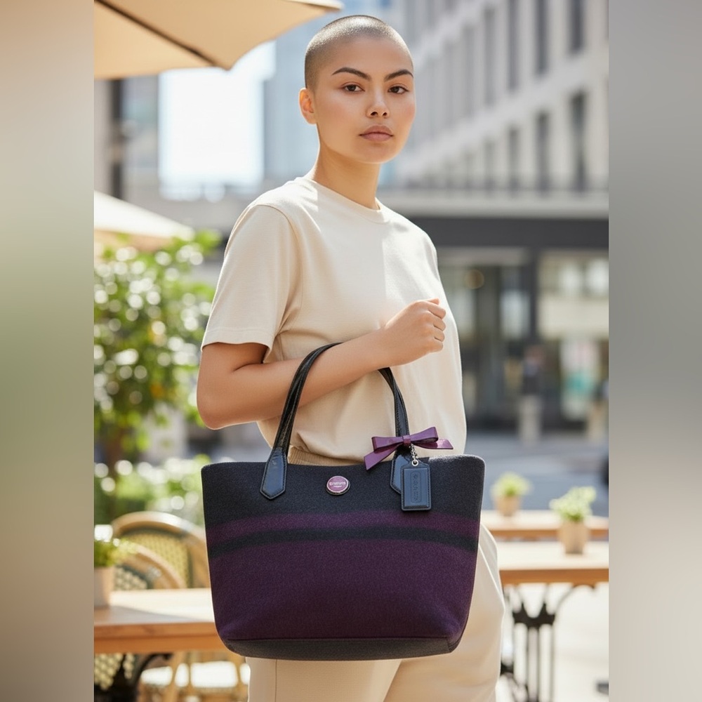 Coach 2013 Signature Stripe Wool Tote Bag in Purple and Black